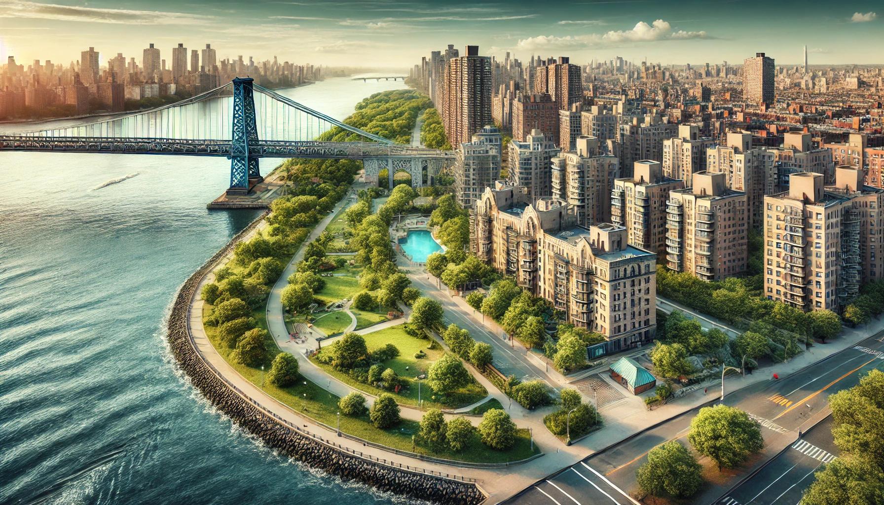 Roosevelt Island in New York City während des Tages. Die ikonische Roosevelt Island Bridge und Wohngebäude sind zu sehen. Die Umgebung ist geprägt von grünen Parks, Bäumen und Bänken, die eine friedliche Atmosphäre schaffen. Der East River umgibt die Insel, während die Skyline der Stadt im Hintergrund sichtbar ist.