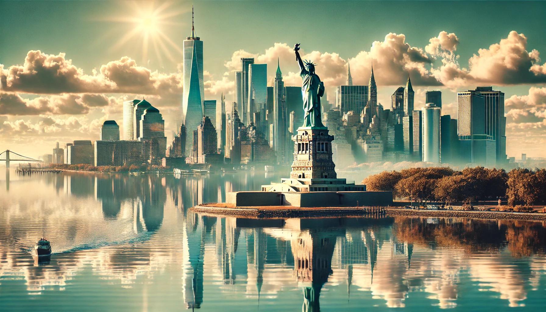 Die Freiheitsstatue steht stolz im Vordergrund, während die ikonische Skyline New Yorks mit dem Empire State Building und dem One World Trade Center den Hintergrund dominiert.