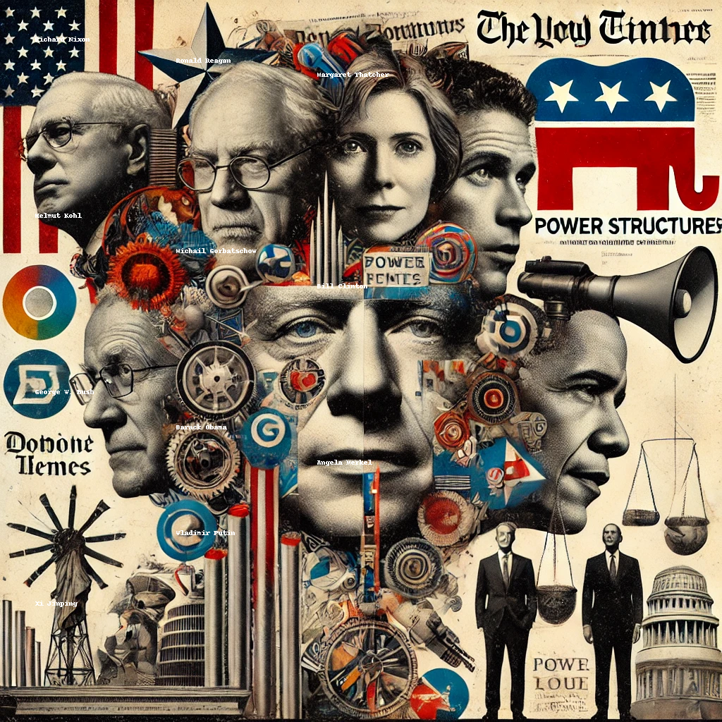 Ein konzeptuelles Kunstwerk, das politische Akteure des späten 20. und frühen 21. Jahrhunderts in einer collageartigen Komposition zeigt. Es reflektiert Machtstrukturen mit symbolischen Elementen wie Zeitungsartikeln, Logos und Protestbildern. Kritisch, vielschichtig und gesellschaftsanalytisch.