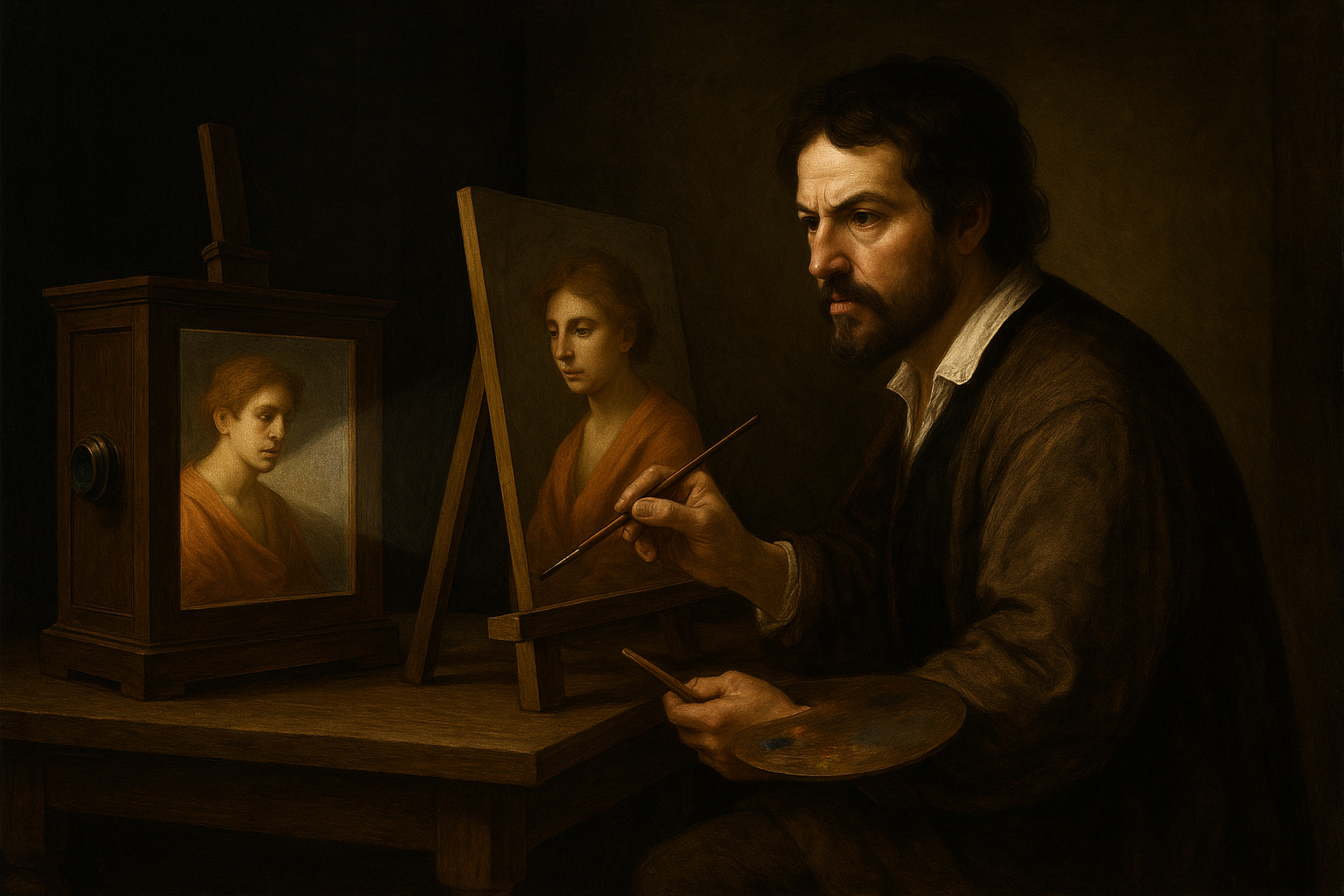 Das Bild zeigt Caravaggio, vertieft in die Arbeit an einem Porträt, neben einer Camera Obscura. Licht und Schatten tauchen die Szene in dramatische Barockstimmung. Ob er ein solches Gerät tatsächlich nutzte, bleibt umstritten. Das Bild wurde mit KI erstellt und ist spekulativ.
