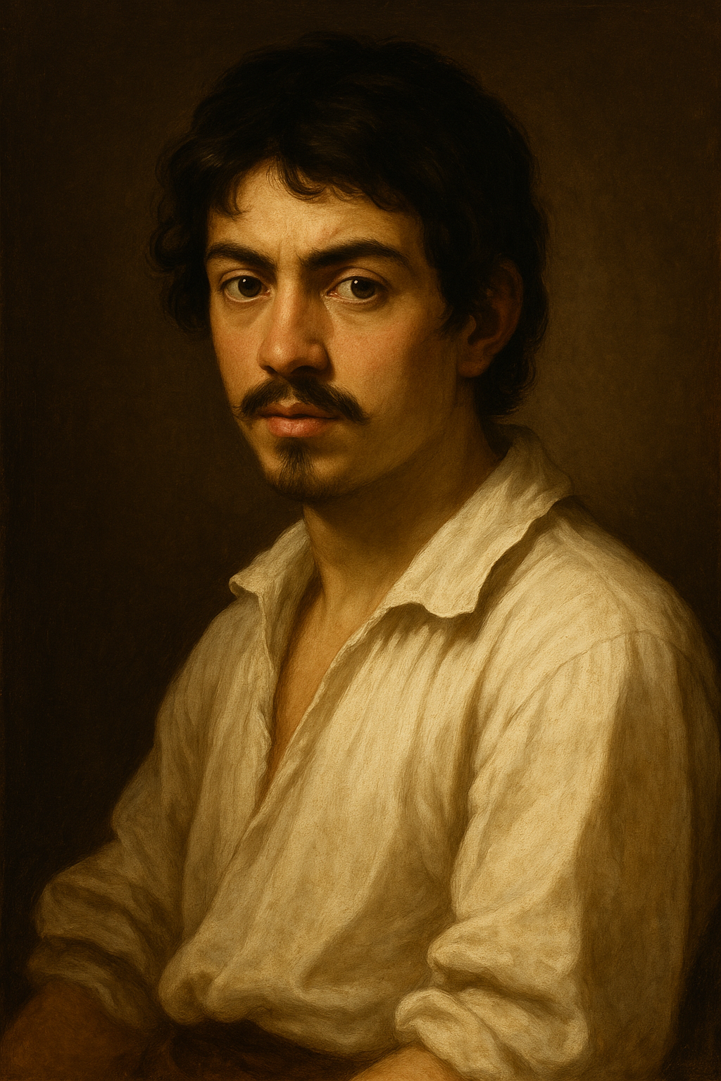 Das Bild zeigt den jungen Michelangelo da Caravaggio mit intensivem Blick, dunklem Haar und schlichter weißer Kleidung. Das warme Licht betont sein ernstes Wesen und erinnert an den dramatischen Stil seiner Werke. Das Bild wurde mit KI erstellt und ist eine künstlerische Interpretation.