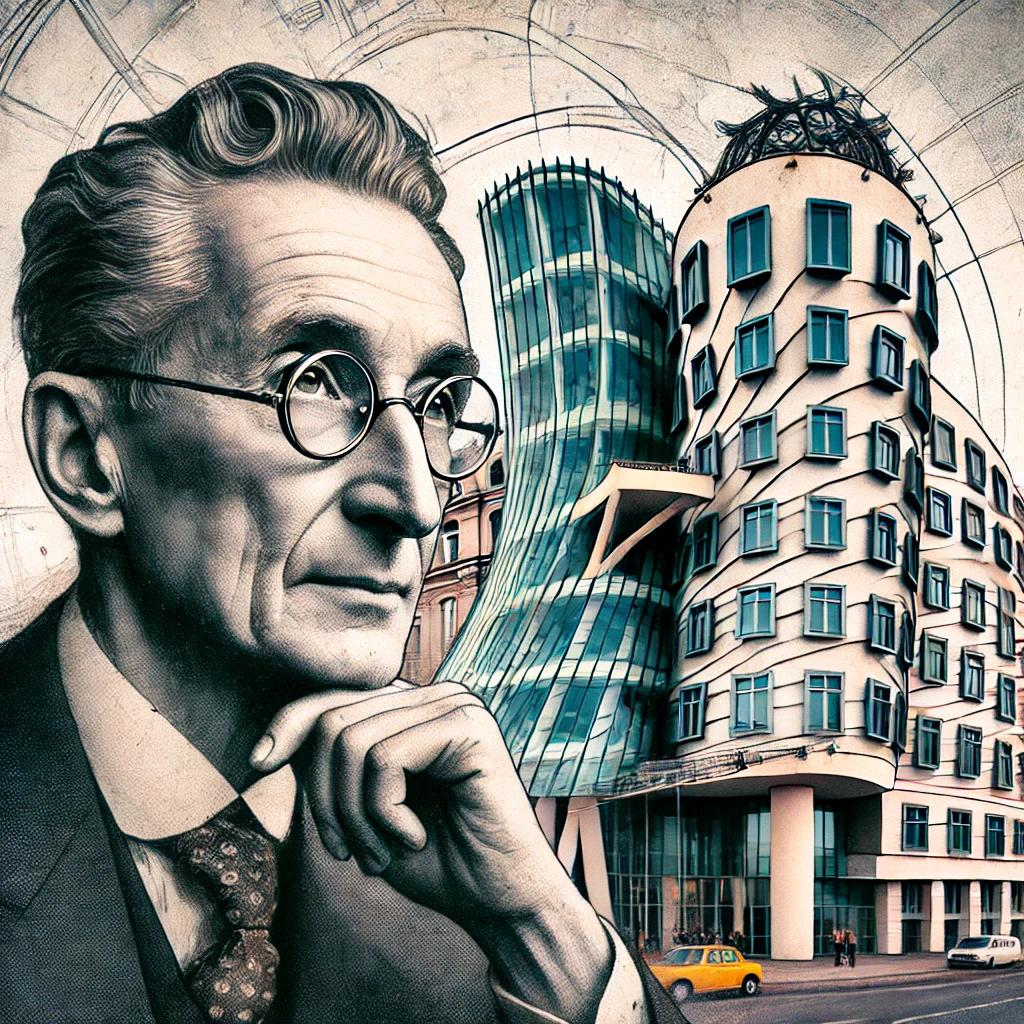 Das Bild zeigt das Haas-Haus in Wien mit seiner verspiegelten Glasfassade im Hintergrund. Im Vordergrund steht Hans Hollein mit nachdenklichem Ausdruck und Brille.