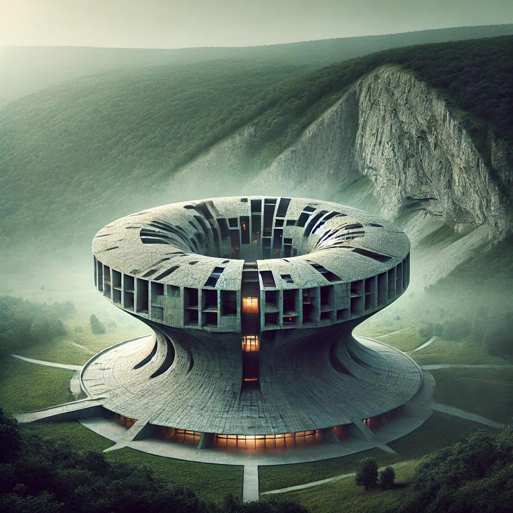 Das Bild zeigt Vulcania in Frankreich mit seinem markanten, zylinderförmigen Bau, der an einen Vulkankrater erinnert, umgeben von grünen Hügeln und geheimnisvollem Nebel.