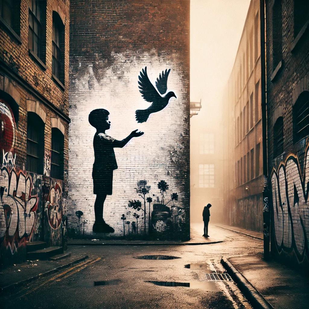 Eine düstere Gasse mit verblasstem Graffiti. Ein Kind lässt eine Taube fliegen, Symbol für Hoffnung inmitten urbaner Tristesse. Ein Betrachter hält inne.