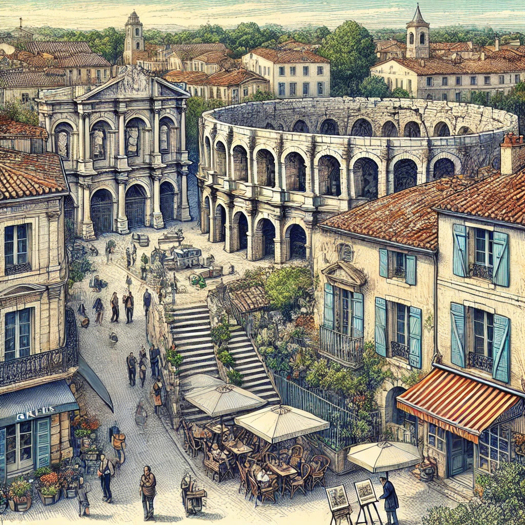 Eine detaillierte und kunstvolle Darstellung der Stadt Arles in Südfrankreich. Im Fokus steht das berühmte römische Amphitheater, umgeben von historischen Gebäuden und der malerischen Landschaft der Provence. Die Szene vermittelt den zeitlosen Charme und die kulturelle Bedeutung dieser faszinierenden Stadt.