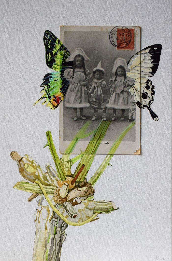 Xenia Ostrovskaya, Mary & Cicely, 20×30 cm, Collage auf Leinwand, 2023