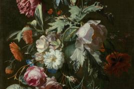 A164 / 3041 SIMON PIETERSZ. VERELST (Den Haag 1644 bis ca. 1721 London) Rosen, Iriden, Mohnblumen, Pfingstrose, Prunkwinde und Nelken in einer Vase auf Steinplatte. Öl auf Leinwand. 59,7x49,5 cm.  CHF 60 000 / 80 000