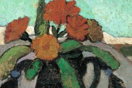 PMB Stillleben mit Ringelrosen vor Landschaft 1907 Privatbesitz web Paula Modersohn-Becker: Stillleben mit Ringelrosen vor Landschaft, 1907, Privatbesitz