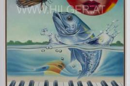 ERRÓ, La Truite de Schubert or Sonat for Piano and Fish, 1977, acrylic on canvas, 100x70 cm, 39x28 in