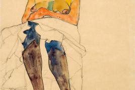 Seated semi-nude with hat and purple stockings  Egon Schiele (Tulln 1890 - Wien 1918), Wienerroither & Kohlbacher