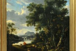 Ermels, Johann Franciscus, 1641 Reilkirch - 1693 Nürnberg Öl/Lwd, doubl., 108 x 93 cm, " Ideallandschaft mit rastender Viehhirtin und Tieren am Fluss ", Mindestpreis:	3.000 EUR