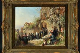 Schüz, Theodor Christoph, 1830 Thumlingen - 1900 Düsseldorf Öl/Lwd, 35,5 x 46,5 cm, " Kirchgang an einem Sonntagmorgen im Frühling ",  Mindestpreis:	9.500 EUR