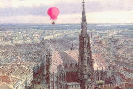 Bildsujets: Barbara Anna Husar 2020, Überarbeitung der Ballonfahrt über Wien von Jakob von Alt, 1847, handcolorierter Tintenstrahldruck auf Papier, 29,7+ 42cm, Courtesy Galerie Maximilian Hutz, Hard, Österreich, Scan: Elmar Bertsch