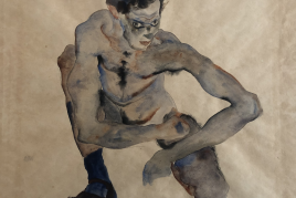 Ausstellung "Egon Schiele. Nackt.!" Schiele, Egon, Hockender männlicher Akt mit blauem Strumpf (Selbstporträt), 1912, Bleistift, Aquarell, 31,5x44,5, Privatbesitz