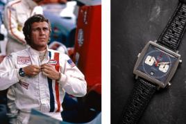 Left: Steve McQueen wearing the Heuer Monaco during filmingof LeMans, copyright Mel Traxel,Courtesy of TAG HeuerRight: Heuer Ref. 1133B