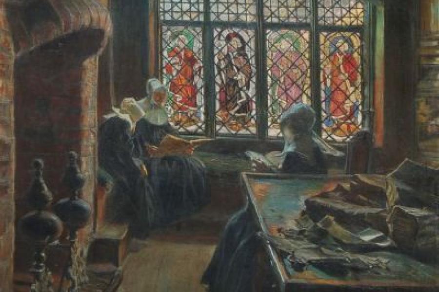 Edmund Körner "In der Klosterbibliothek". Wohl um 1910.  Öl auf Leinwand. Signiert "E. Körner. Dresden" o.re. Verso auf einem Klebeetikett bezeichnet und betitelt. Im prachtvollen originalen Kassettenrahmen. Malschicht stellenweise minimal angeschmutzt und berieben. An der Unterkante Fortsetzung der Malerei auf Außenseite - hier evtl. durch Künstler selbst gekürzt worden. Malträger in der Mitte des rechten äußeren Randes leicht eingedrückt, jedoch ohne sichtbare Beschädigung der Malschicht.