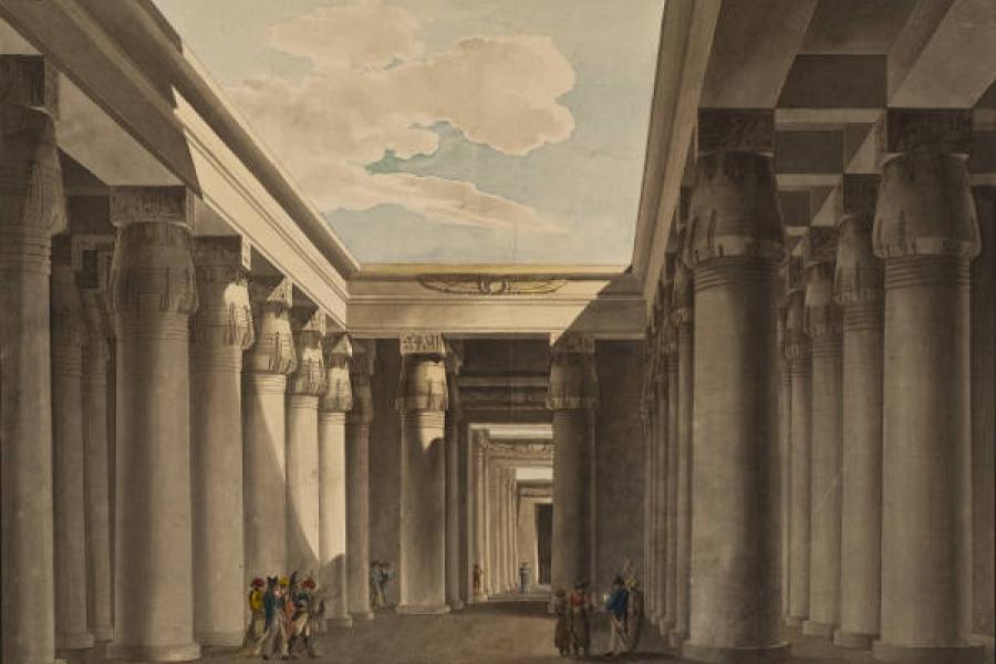 Norbert Bittner (1786–1851)              Einblick in die Vorhalle eines Tempels von Karnak  Feder in Schwarz, Aquarell, Bleistiftvorzeichnung; 490 x 662 mm Akademie der bildenden Künste Wien, Kupferstichkabinett. © LIECHTENSTEIN MUSEUM. Die Fürstlichen Sammlungen, Wien