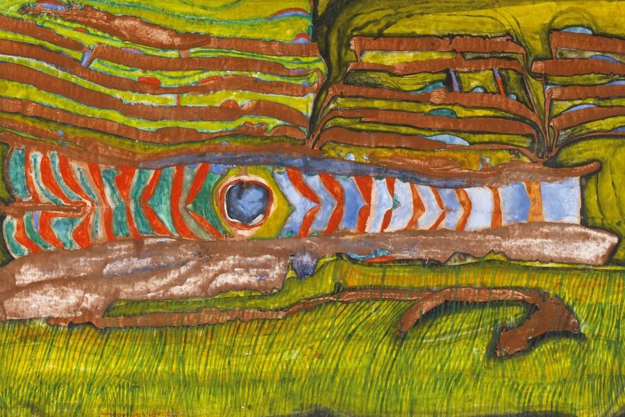 Hundertwasser, Friedensreich 1928 Wien - 2000  La Solitude. 1958. Mischtechnik auf Papier. Auf Leinwand aufgezogen. 42,5 x 66cm. Signiert und nummeriert unten links: Hundertwasser 1958. Rahmen.  com in der Rubrik „Pressese Van Ham | Saša Fuis (Köln)