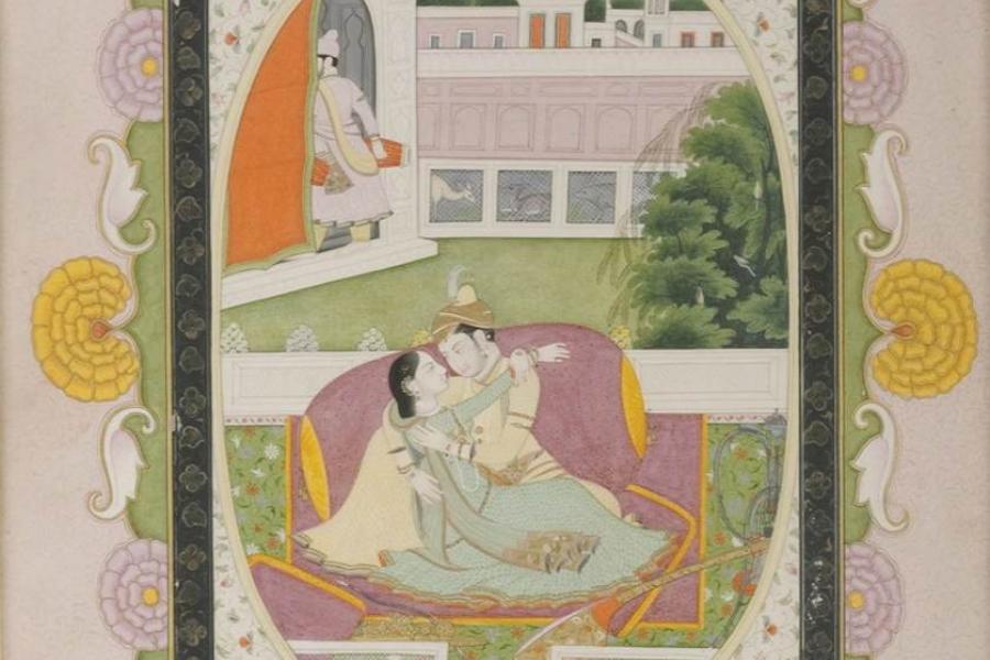 Carlton Rochell Asian Art. Illustration from a Baramasa Series. Attrib. Sajnu. Mandi, Himachel Pradesh, c. 1808. Opaque watercolor and gold on paper. 10 x 12 in.