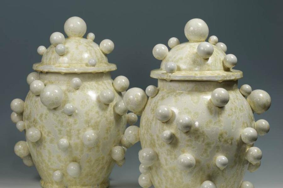 Exhibitor: Adrian Sassoon  Kate Malone Pair of Lidded Atomic Jars Crystalline-glazed stoneware, height 57cm (22 1/2")  UK, 2011