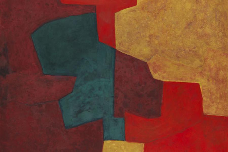 Lot: 209 Serge Poliakoff 1900 Moskau - 1969 Paris Composition abstraite orange, jaune, vert, lie de vin. 1964. Öl auf Leinwand. Rechts unten signiert und datiert. Auf dem Keilrahmen mit einem Etikett, dort wohl von fremder Hand datiert "1964", betitelt "5 Composition abstraite rouge jaune vert lie de vin" und bezeichnet "100 F". 130 x 162 cm (51,1 x 63,7 in). Schätzpreis: 250.000 EUR / 327.500 $