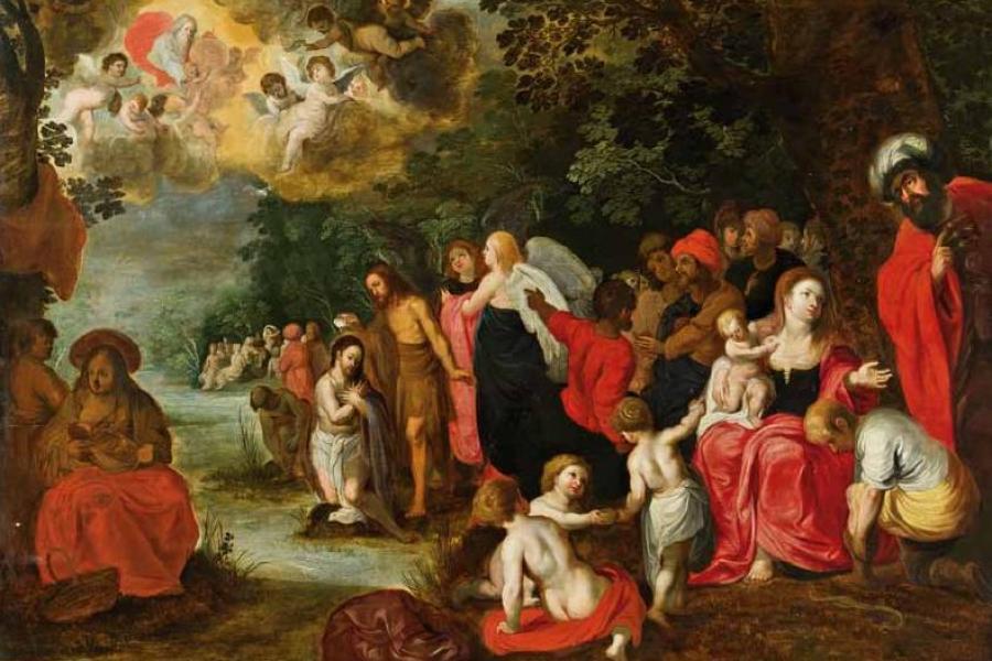 Jan Brueghel d. J. (Antwerpen 1601–1678 ebd.) und Jan van Balen Werkstatt (Antwerpen 1611–1654 ebd.) Taufe Christi Öl auf Holz, 74,5 x 106 cm € 60.000–100.000