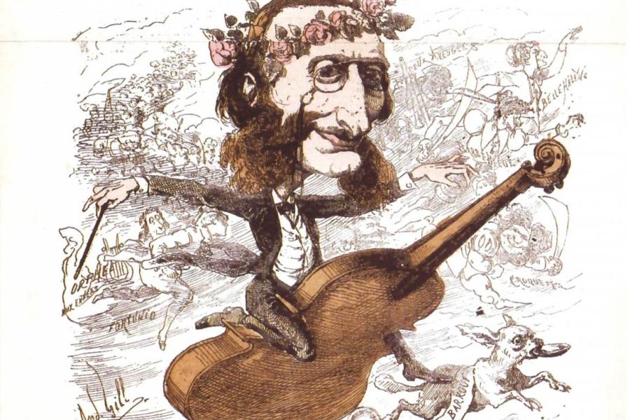 Jacques Offenbach reitet zum Erfolg  Karikatur von André Gill in der Zeitschrift „La Lune“, 1866. © Österreichisches Theatermuseum