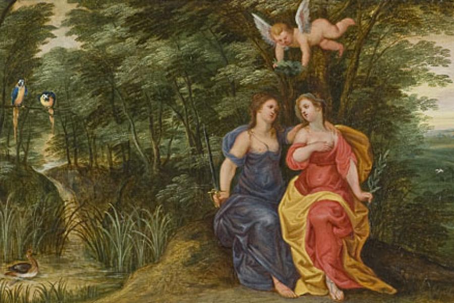 Jan Brueghel (Antwerpen 1601 - 1678) und Jan van Balen (Antwerpen 1611 - 1654)  Allegorie der Gerechtigkeit und des Friedens Öl/Holz, 25,7 x 40,3 cm  Gutachten: Dr. Klaus Ertz, 2011