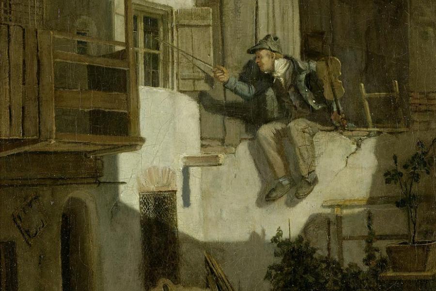 A162/3216 CARL SPITZWEG (1808 München 1885) Ständchen im Mondschein. Öl auf Leinwand. Unten rechts signiert und datiert: S im Rhombus 1840. 32,4x26,2 cm.  CHF 30 000 / 40 000