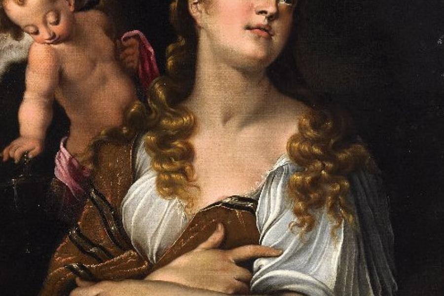 Heintz d.Ä., Joseph 1564 Basel - 1609 Prag  Maria Magdalena mit dem Engelchen. Signiert mittig unten auf dem emporragenden Blatt des Buches: IOHEintz. Öl auf Leinwand. Doubliert. 95 x 74,5cm. Rahmen. Schätzpreis: 	60.000 - 80.000 €  Van Ham | Saša Fuis (Köln)