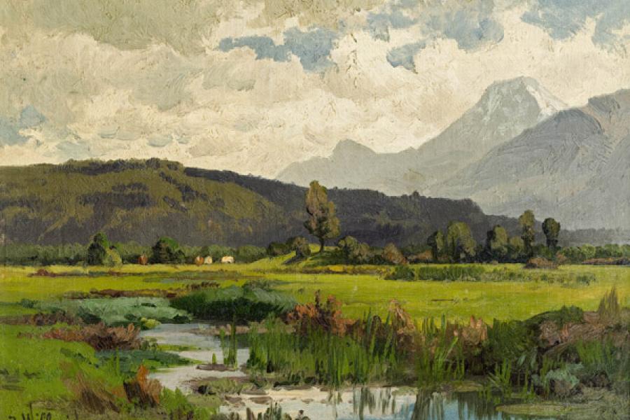 Josef Willroider (Villach 1838 - 1915 München)  Blick auf Mittagskogel und Türkenkopf mit Maibacherl im Vordergrund Öl auf Leinwand auf Karton; 23,5 x 33,5 cm Signiert links unten: J. Willroider. Rückseitig: Nachlass-Stempel  Verkaufspreis von € 12.500.-