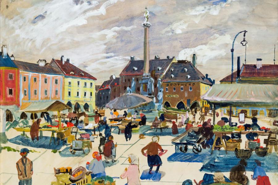 Oskar Laske * (Czernowitz 1874 - 1951 Wien)  Wiener Neustadt Gouache auf Papier; 42 x 49,2 cm Signiert rechts unten: O. Laske Bezeichnet links unten: Wiener-Neustadt  Farbprächtig und mit großer Freude an narrativen Details schildert Oskar Laske in dieser besonders reizenden Gouache das bunte Markttreiben in Wiener Neustadt.