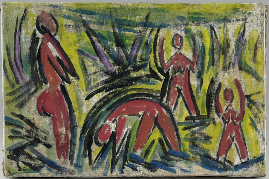 Katalog-Nr. 7 - Deutscher Expressionist um 1910: Öl auf Leinwand - "Badende im Schilf" Gemälde » Figuren Limit: 4.000,00 EUR