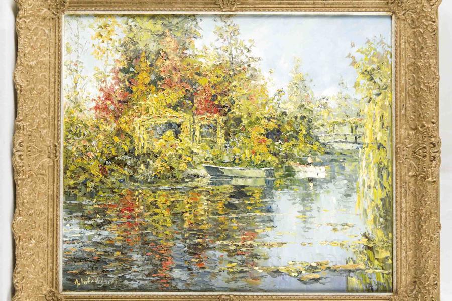 Lot 40 A. Wendehals (*1934), westfälischer Maler des expressiven Impressionismus, Ruderer auf idyllischem Weiher