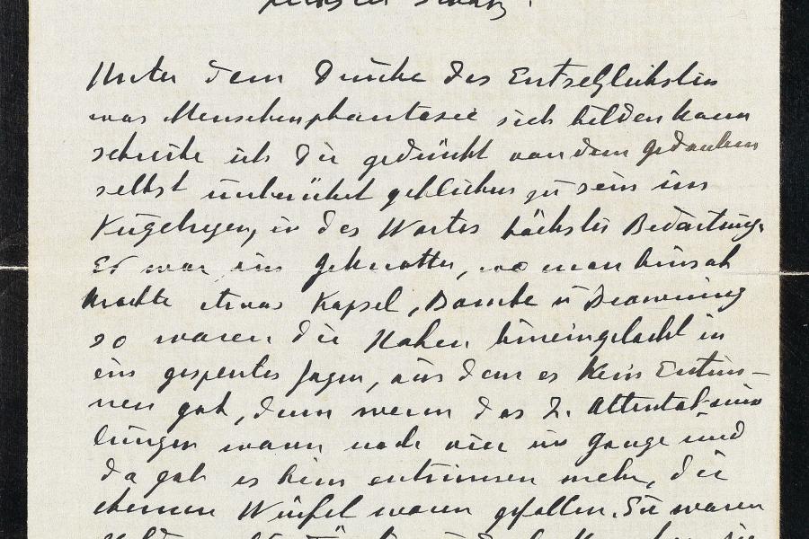 Lot Nr. 33 Franz Ferdinand, Erzherzog von Österreich-Este, Thronfolger, 1863 - 1914. Attentat in Sarajewo am 28. Juni 1914. eigenhändiger Brief mit Unterschrift des Grafen Franz Harrach, Besitzer des Automobils, in dem der Erzherzog und seine Gemahlin ermordet wurden und wichtigster Augenzeuge der Vorgänge vor, während und nach des Attentats; Wien, 3. 7. 1914, 4 Seiten, gepr. Briefkopf (Bekröntes Monogramm mit Devise), Trauerrand Rufpreis € 3.000 Auktion 2. Juni 2013