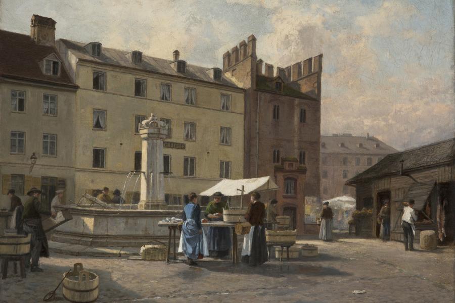 Albert Splitgerber, Anicht vom Viktualienmarkt mit Ficherturm, um 1870.  Foto: Inslegalerie Gailer