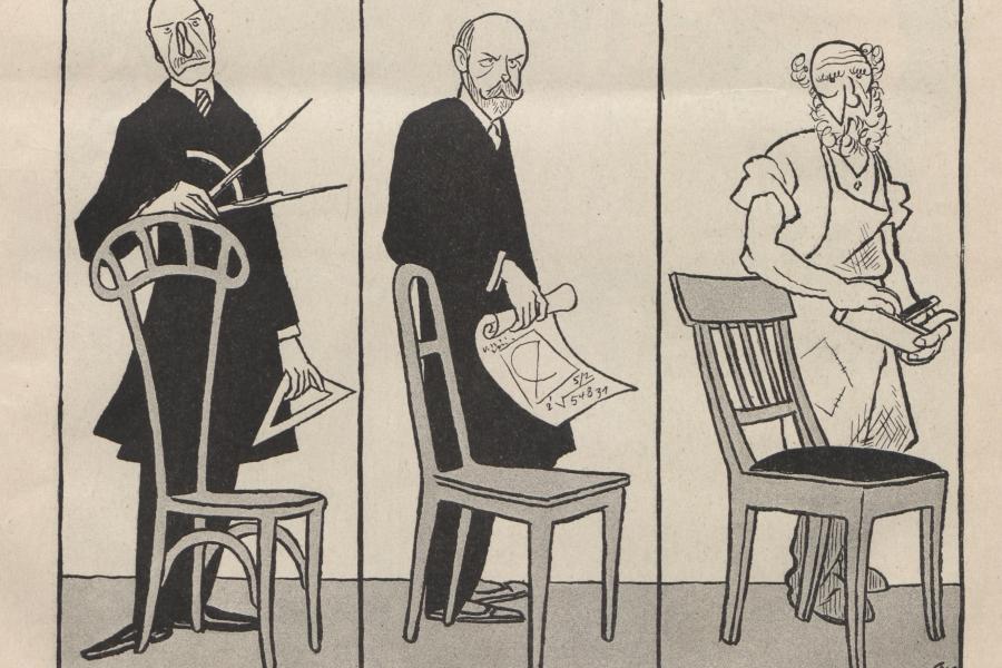 KARIKATUR ÜBER DEN „WERKBUNDSTREIT“ 1914 Aus: „Simplicissimus“, 1914 (Heft 18), Seite 285 Bröhan-Museum, Berlin Foto: Archiv Bröhan-Museum, Berlin