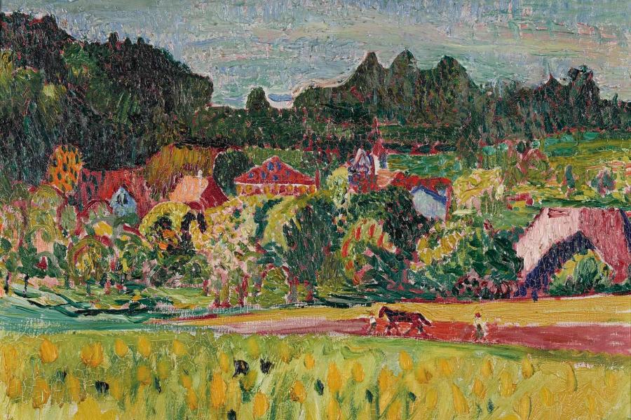 Los 81 Cuno Amiet Sommerliche Landschaft mit Blick auf Oschwand, 1923. Öl auf Leinwand, mgr. u. dat. (19)23 u.r., 55x60 cm (Schätzpreis: CHF 85‘000) Provenienz: Privatbesitz, Schweiz. ZUSCHLAG: CHF 80‘000.-