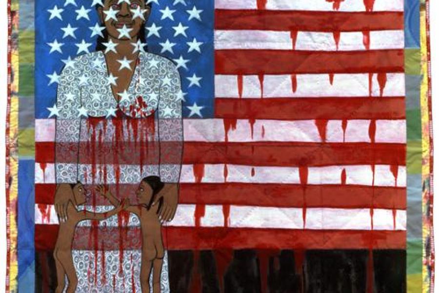 Faith Ringgold The Flag is Bleeding #2 (The American Collection #6), 1997 Story Quilt: acrylic on canvas with painted and pieced border  79 x 76 inches Forum Gallery, New York & Beverly Hills