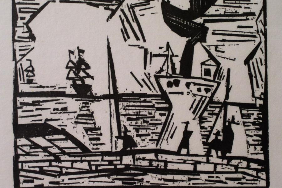 Lyonel Feininger, Auf der Quaimauer, o. J., Holzschnitt (posthum), 17 x 21,5 cm. Städtische Kunstsammlung Wilhelmshaven