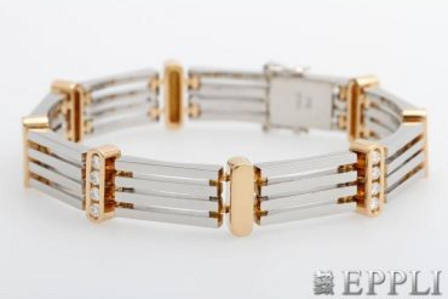 Armband mit Diam.-Brillanten zus. 0,8ct. W/SI in Kanalfassungen in Rosegold gefasst. Beschreibung RG 18K und PLATIN Gitterglieder, L: 20,5cm, Hochwertige Handarbeit. * Gew. 87,3 g Aufrufpreis: 3.600,00 €