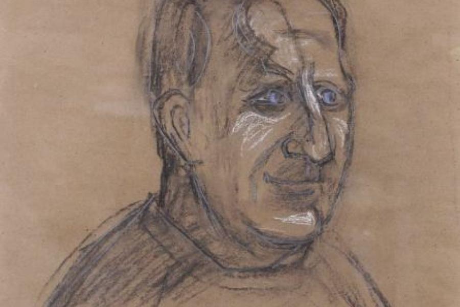 Otto Dix "Dr. Klook". 1960.  Kohlestiftzeichnung, Graphitzeichnung sowie farbige Kreidezeichnung auf bräunlichem faserigen Papier. U. re. in Blei signiert 'Dix'. Verso datiert und ausführlich nummeriert "1960/5 521/60 K 1540 12". Hinter Glas in einer sehr hochwertigen profilierten Modelleiste gerahmt. WVZ Lorenz 5.6.21. 6800 €