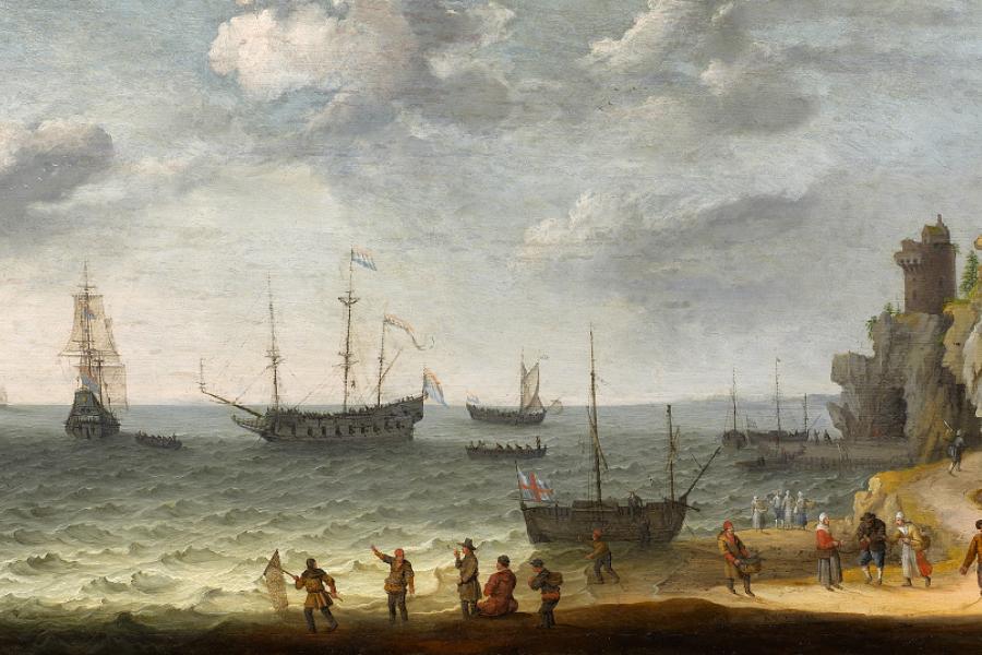 Adam Willaerts Küstenpartie mit Seglern vor einem Hafen  Öl auf Holz 46 x 84cm Schätzpreis: 50.000 - 60.000 Euro