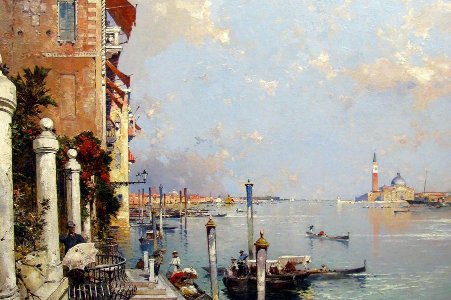 Franz Richard Unterberger (1838 - 1902)  The Bacino Di San Marco, Venice, Looking East  Signed; also inscribed verso, oil on Canvas  43¾ x 40 inches  111.2 x 101.6 cms   MacConnal  Mason