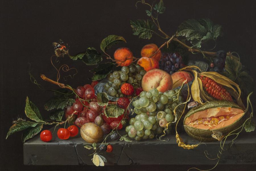 Jacob van Walscapelle, Früchtestillleben mit Schmetterlingen, um 1670, Öl auf Leinwand; 46,5 × 61 cm, Kaufpreis € 126.000 (inkl. Aufgeld)