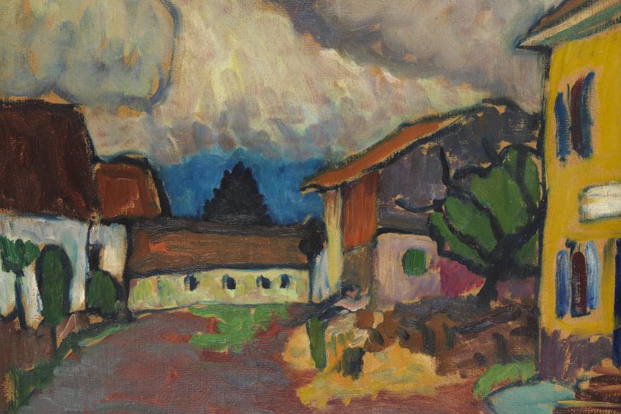 Gabriele Münter Gehöft in Murnau (Holzhauer), Öl auf Malpappe, 1909 33 x 40,8 cm (12.9 x 16 in) Schätzpreis: € 250.000-350.000