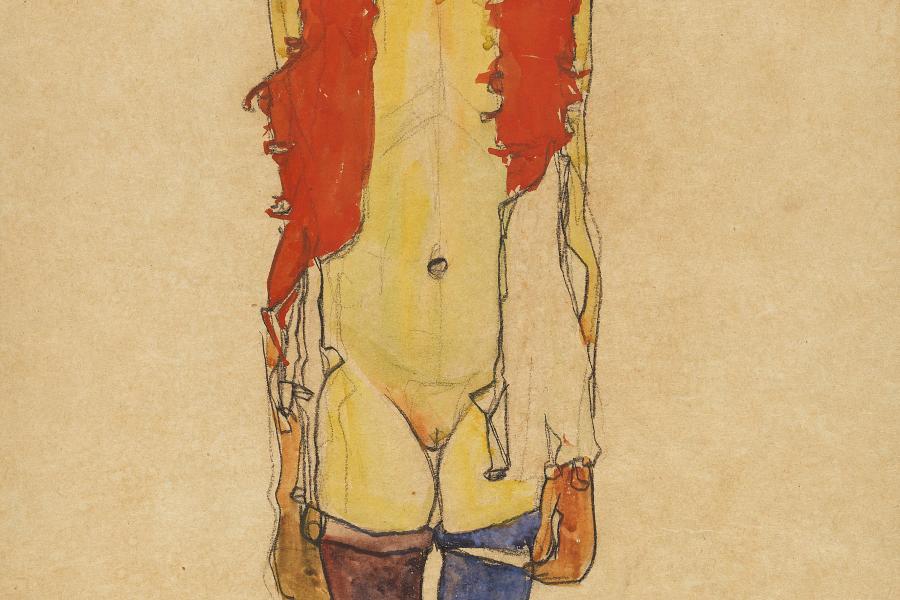 Egon Schiele, Mädchen mit Federboa Aquarell, Deckfarbe und Kreide, um 1910 43,5 x 30,5 cm (17.1 x 12 in) Schätzpreis: € 600.000-800.000