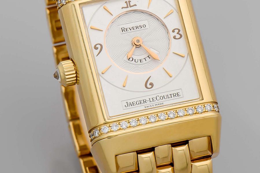 Jaeger le Coultre Reverso GG 750/000 Duetto Classique Handaufzug mit Brillant auf der Krone Mindestpreis 6.000,– EUR