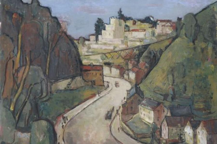 034   Johannes Beutner "Loschwitzer Grundstraße" (Dresden - Blick von der Grundstraße auf die Standseilbahn und Villa Orlando). 1950. 7500 €