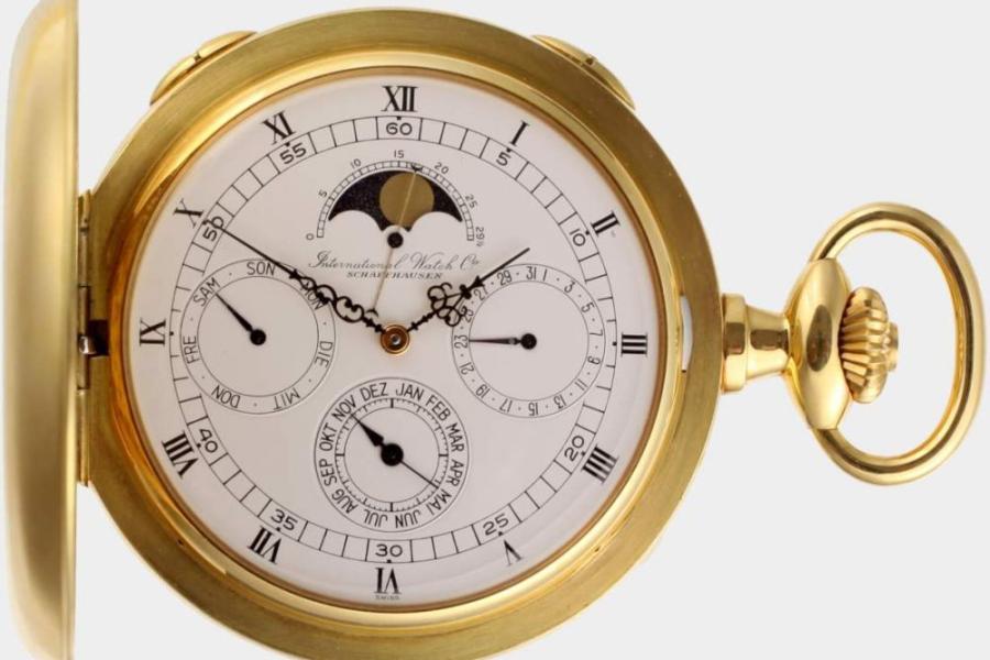 Savonette, International Watch Co. Schaffhausen, 750 GG, Ref. 5450, Nr. 230/250, mit Mondphase, Datum, Wochentag, Sekunde, netto ca. 200 g, ca. 282,0 g, leichte Gebrauchsspuren, Mindestpreis:	12.000 EUR